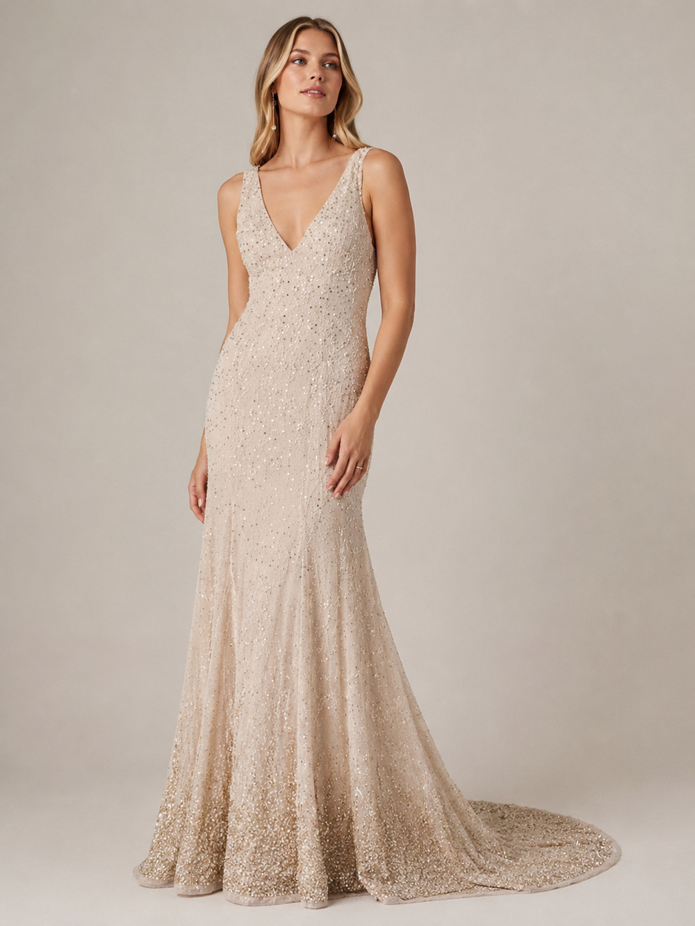 BHLDN Champagne Beaded V-Neck Maxi Dress
